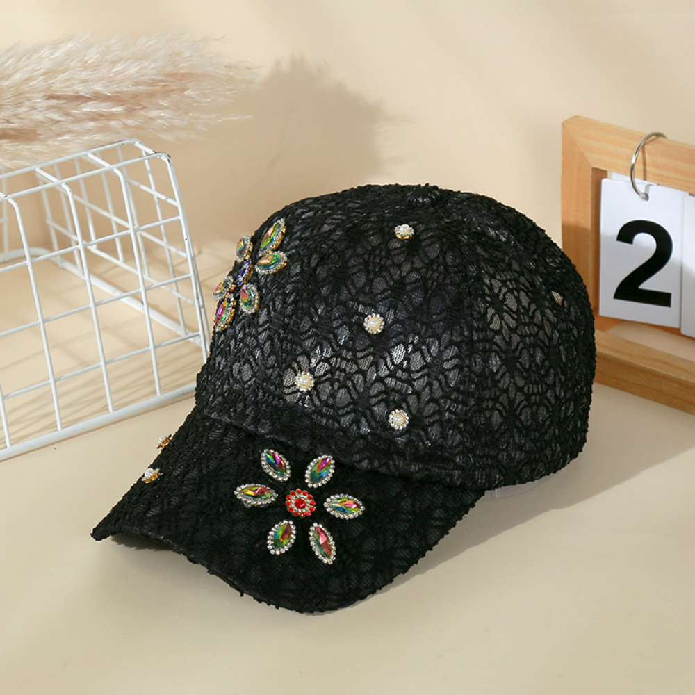 Lady's Lace-textured Colored Diamond Flower-pattern Breathable Versatile Fashionable Baseball Cap Suitable For Banquets, Outings, Daily Shopping by Ricaloux