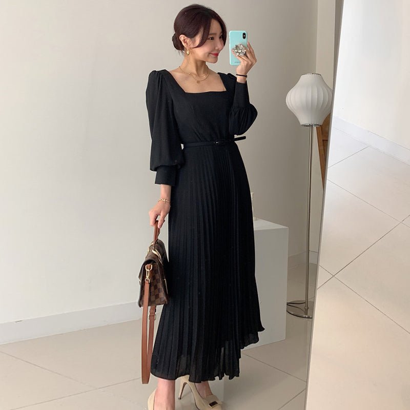Square Collar Slim Waist Lantern Sleeve Long Pleated Dress - RICALOUX