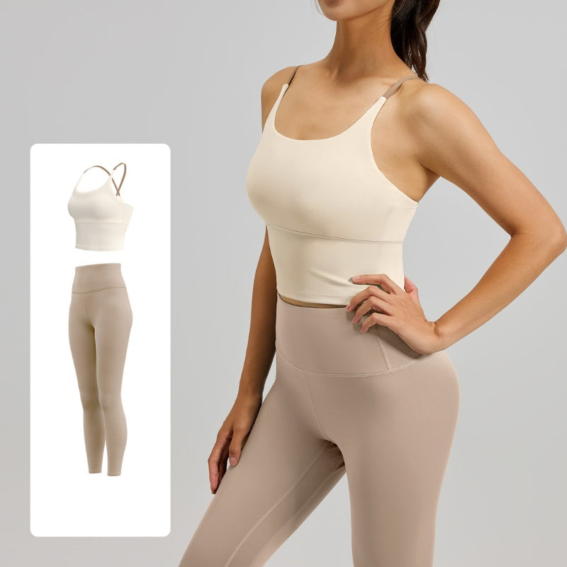 Women's Two-Piece Sports Fitness Outfit With Camisole Top & Long Pants, Color Block Shockproof Yoga Wear For Indoor Training – Premium 4 | RICALOUX