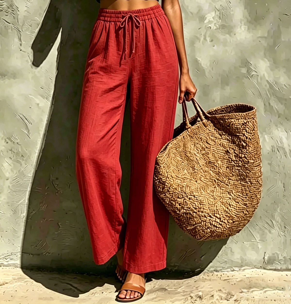 New Womens Casual High-waisted Loose-fitting Trousers With An Elastic Drawstring by Ricaloux