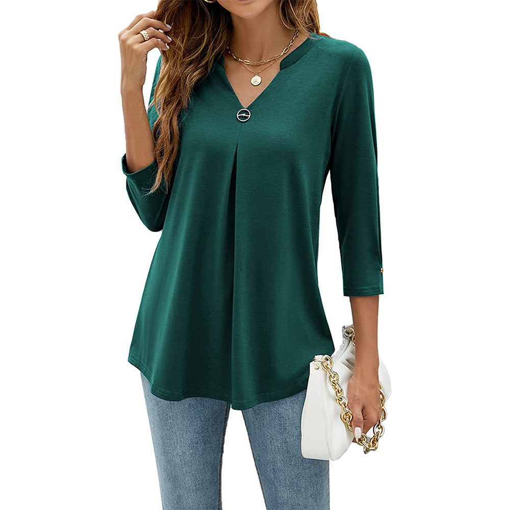 Womens Solid-Color V-Neck Pleated T-Shirt With Three-Quarter Sleeves And Button Accents – Premium 0 | RICALOUX