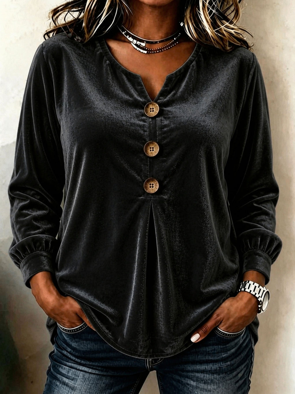 Elegant V-neck Buttoned Long-sleeve Velvet Blouse For Women – Premium 0 | RICALOUX