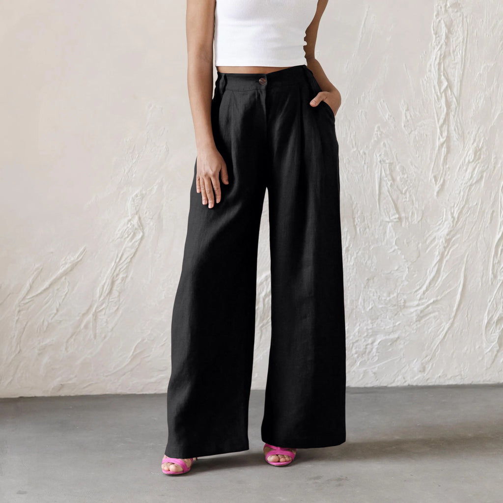 Womens Solid-Color High-Waisted Wide-Leg Pants Casual And Relaxed Fit Long Trousers by Ricaloux