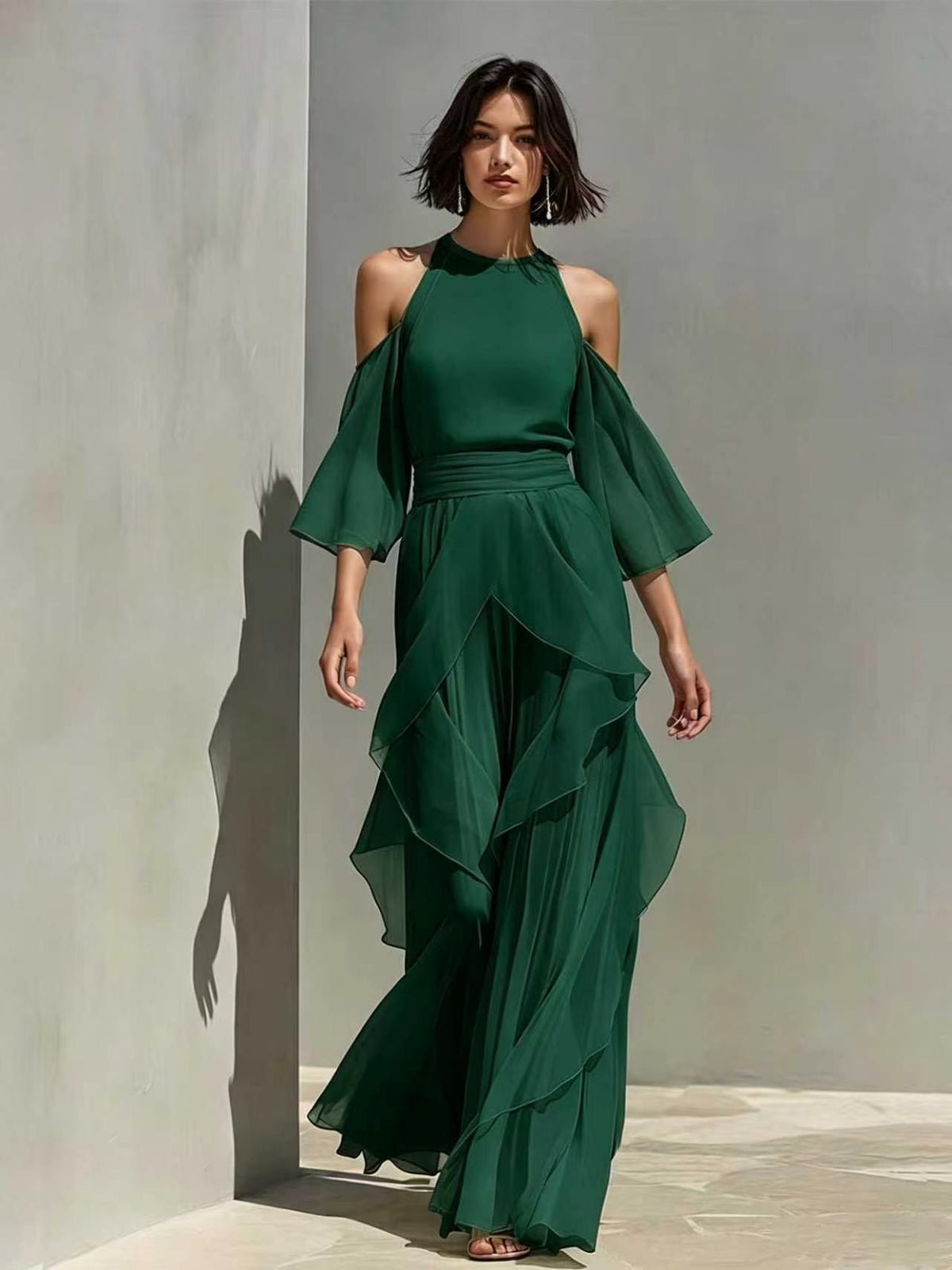 Womens Chiffon Blouse And Flare-sleeve Straight-leg Pants Set by Ricaloux