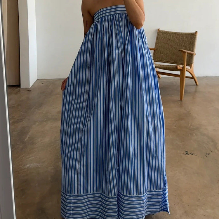 Strapless Blue And White Striped Maxi Dress by Ricaloux