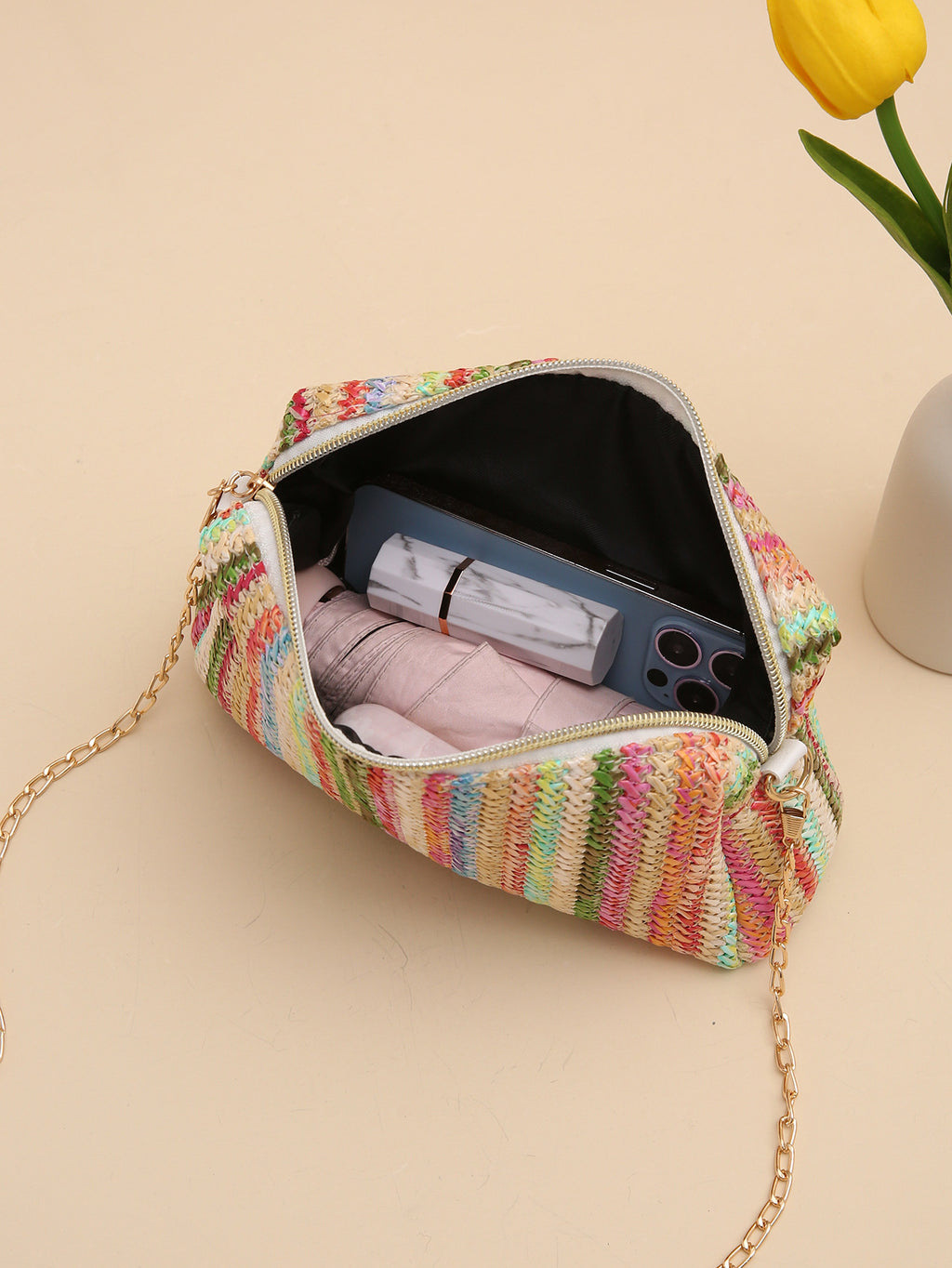 Rainbow Straw Bag Woven Camera Bag All-match Girls Crossbody Bag - RICALOUX