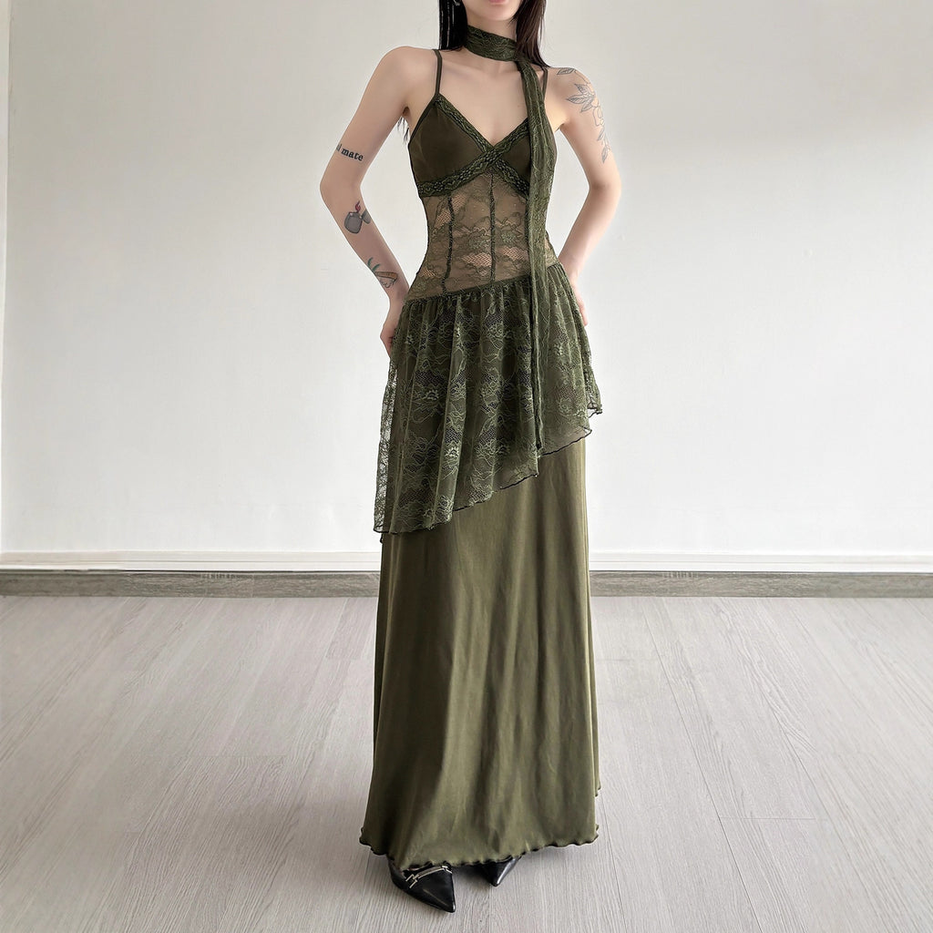 Retro-style Lace-panel V-neck Slip Dress by Ricaloux