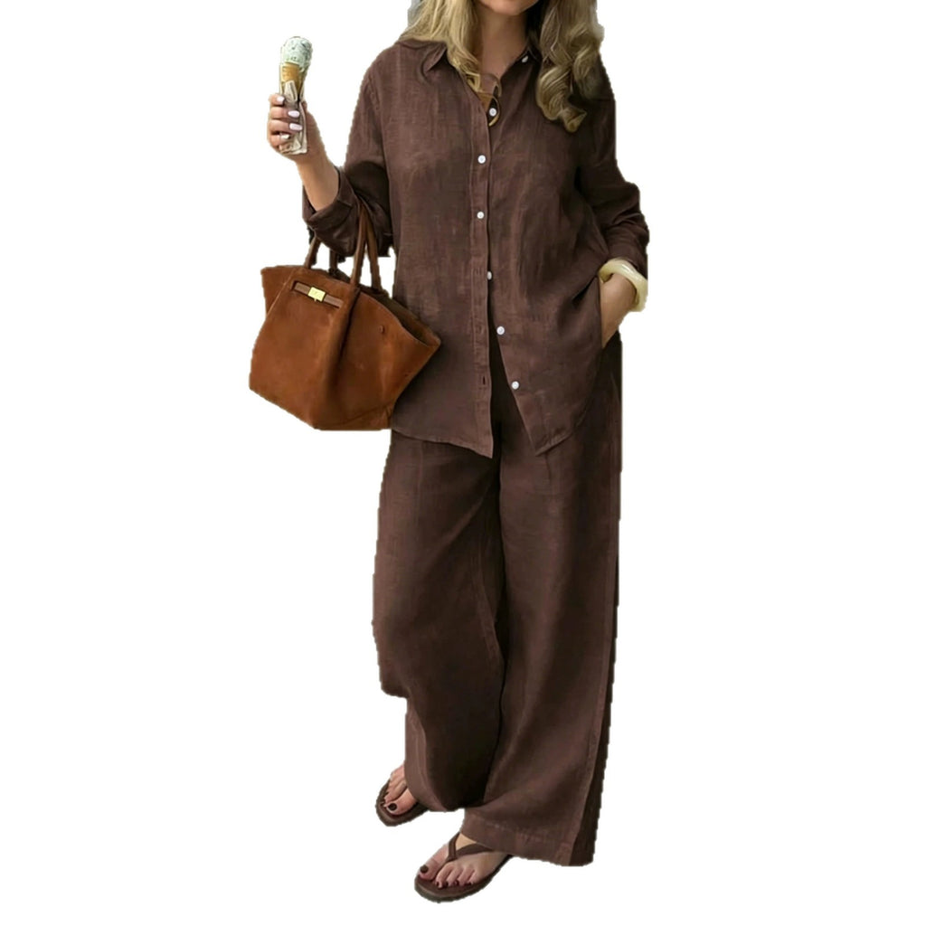 Simple Linen Two-piece Set With A Lapel And Long Sleeves by Ricaloux