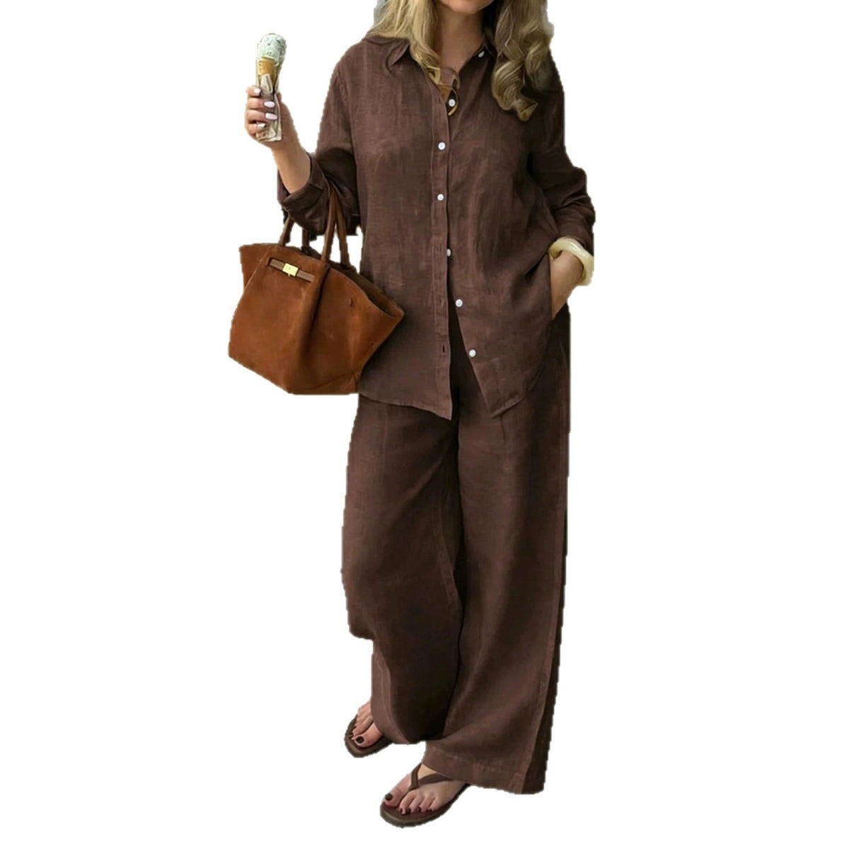 Simple Linen Two-piece Set With A Lapel And Long Sleeves by Ricaloux