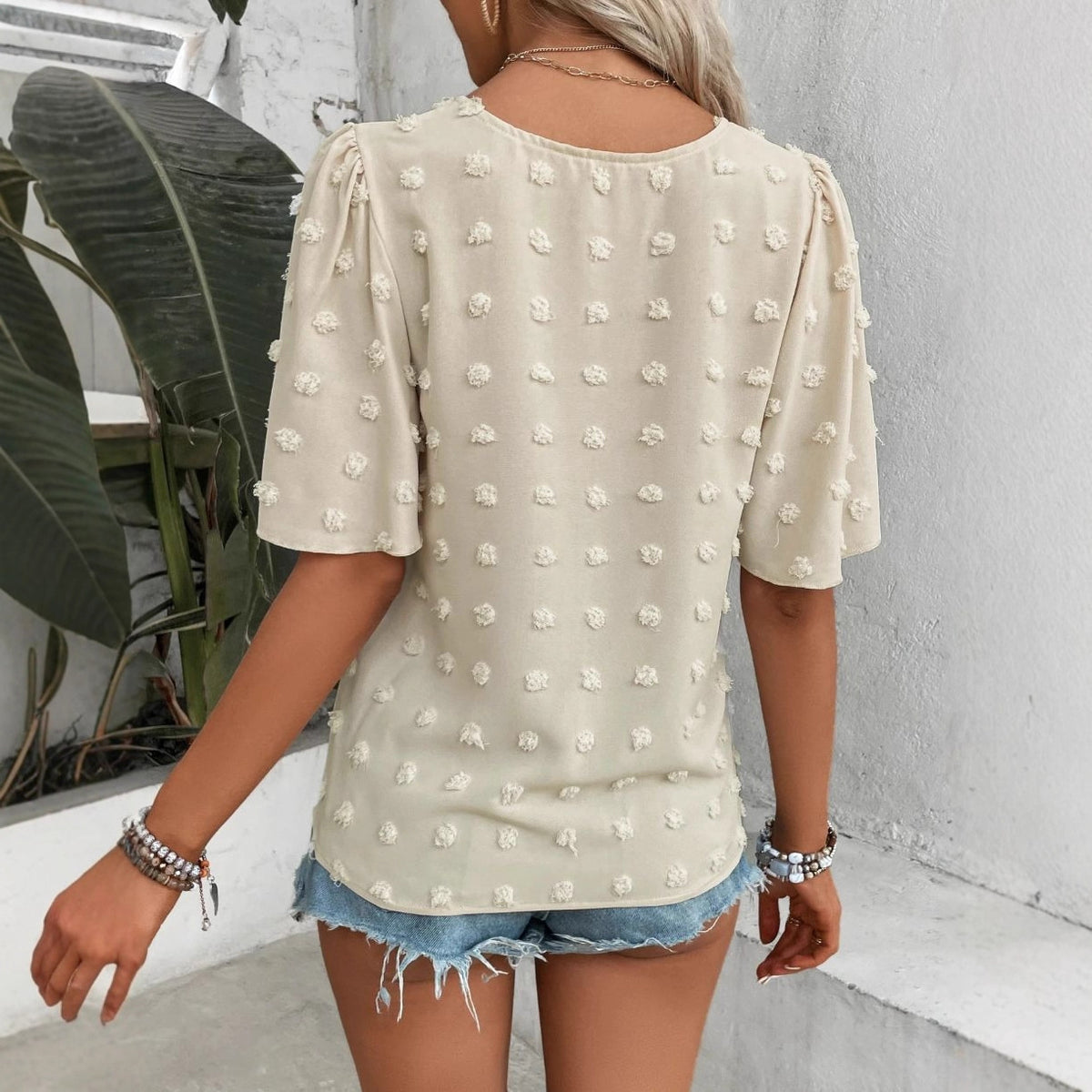 Womens Polka-Dot Patchwork Butterfly-Sleeve Shirt by Ricaloux