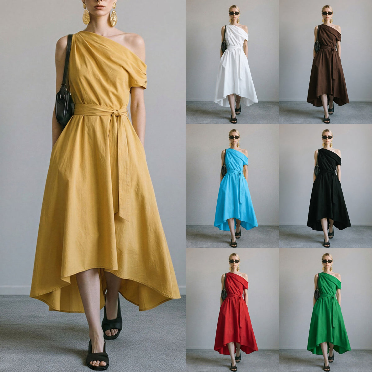 Irregular Hem Off-the-shoulder Waist-cinching Lace-up Elegant Womens Dress – Premium 0 | RICALOUX