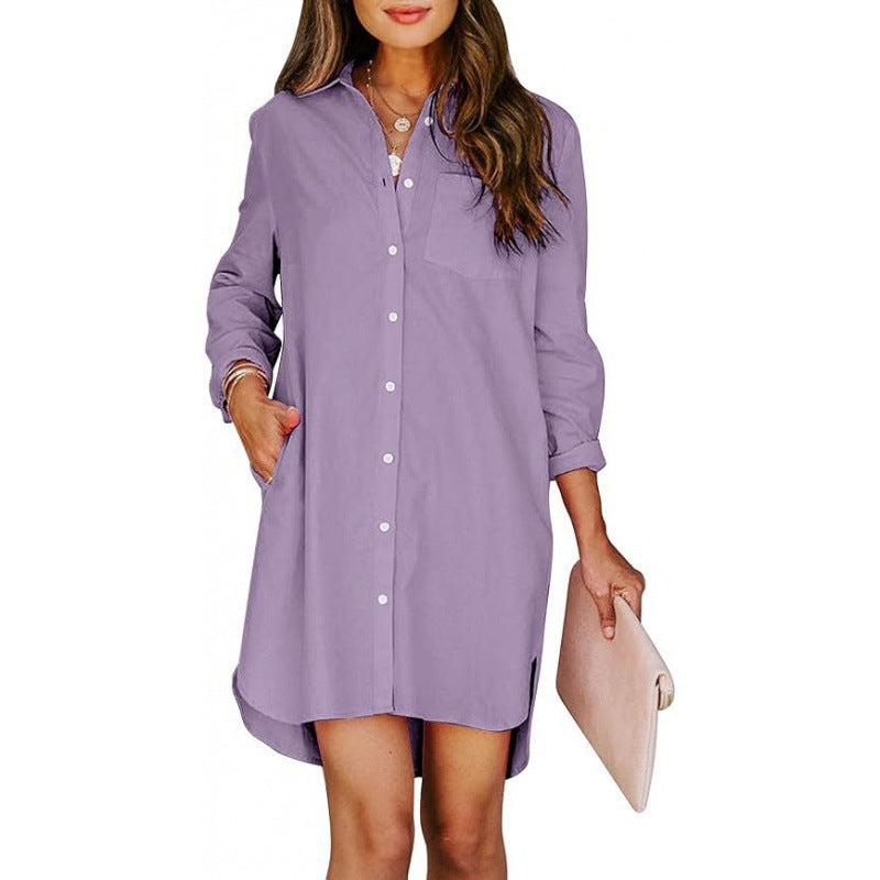 Pocketed Cotton-buttoned Belted Long-sleeved Solid-color High-low Blouse by Ricaloux