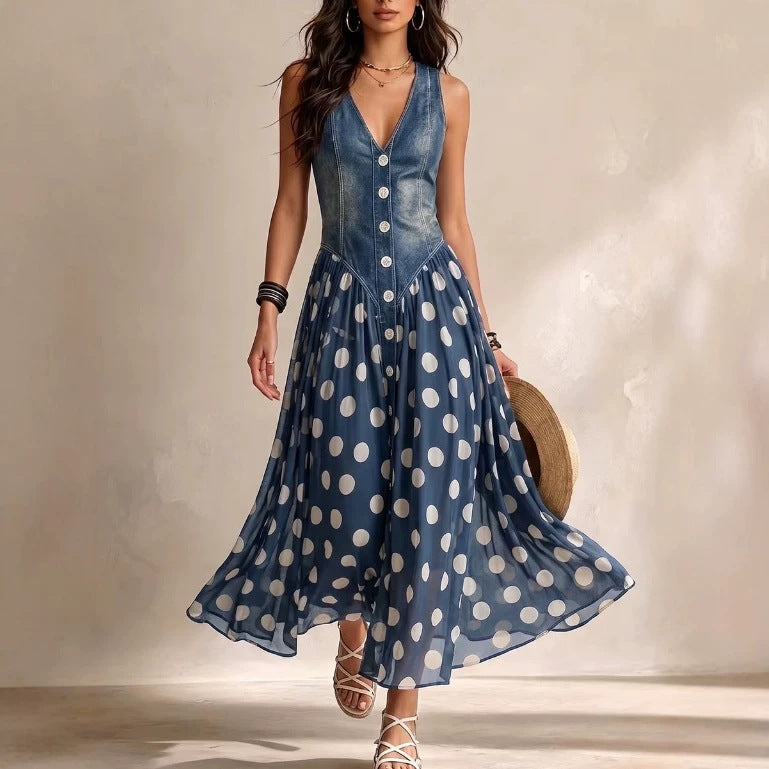 Casual Printed Denim-look Top With A Polka-dot Dress – Premium 0 | RICALOUX