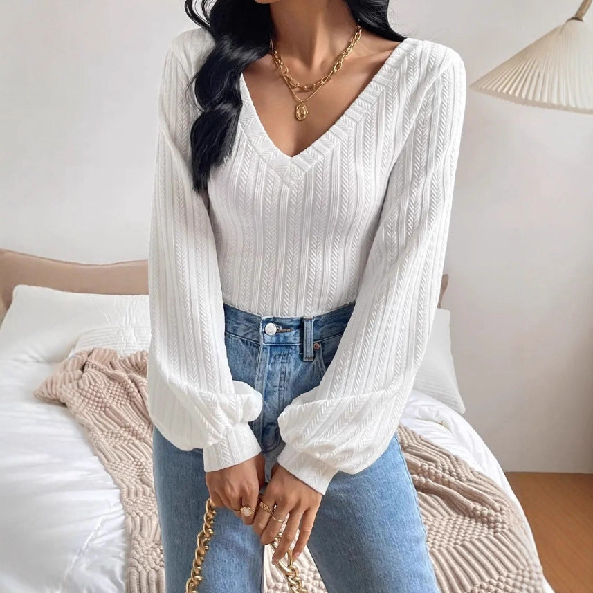 Womens Casual Knitted V-neck Long-sleeve Top – Premium 0 | RICALOUX
