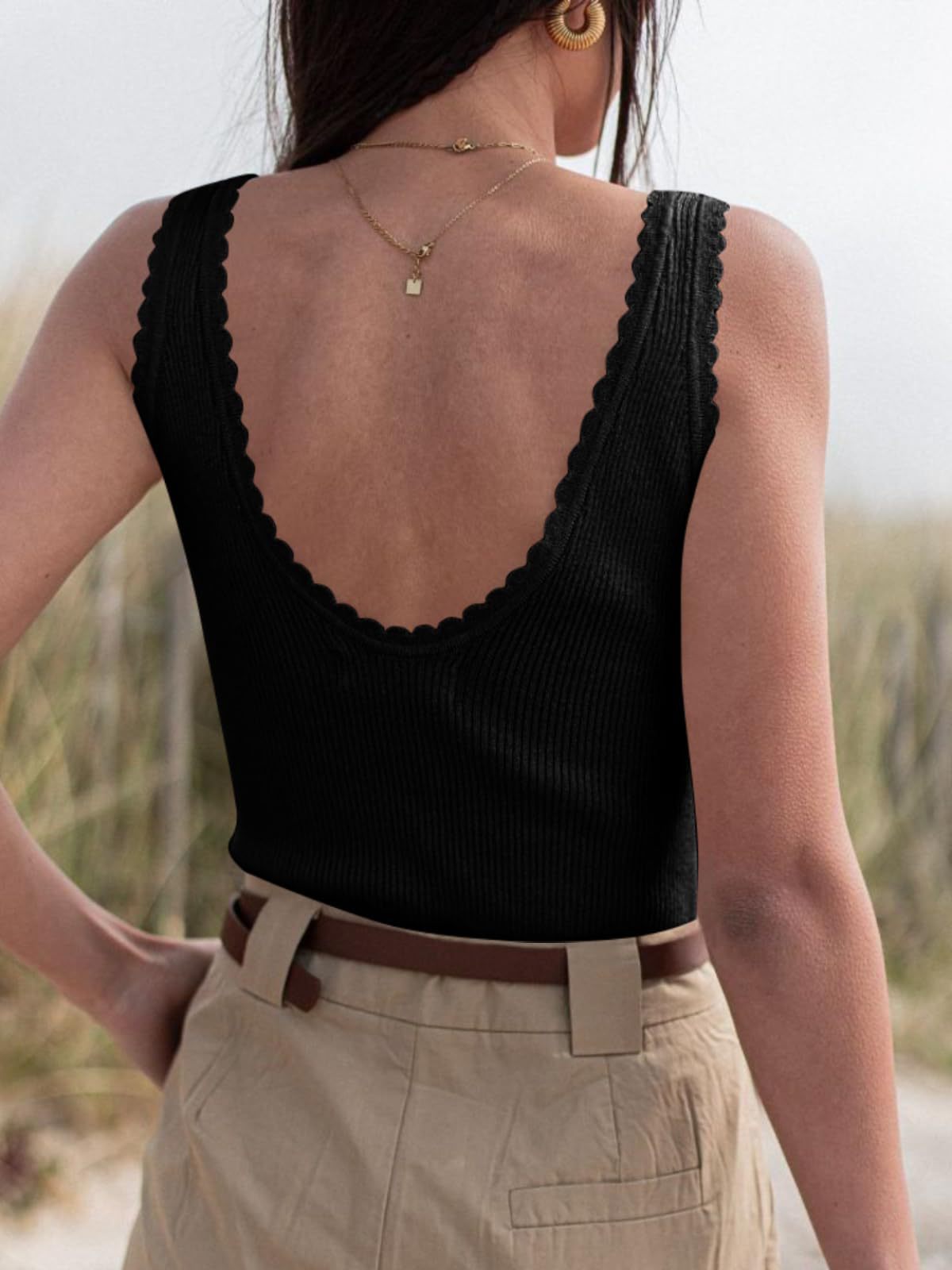 U-necked Backless Lace-trimmed Rib-knit Summer Sweater Vest by Ricaloux