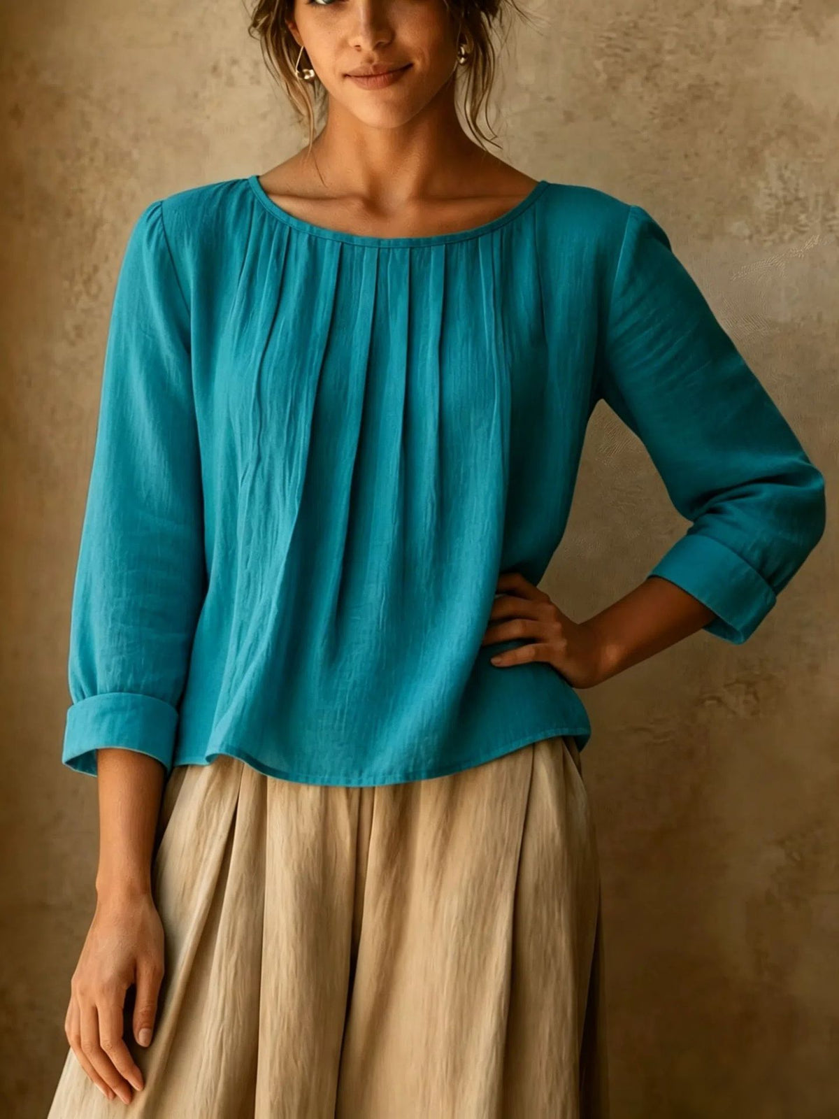 Womens Cotton-linen Top Loose-fit Round-neck Shirt by Ricaloux
