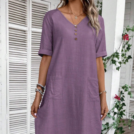 Summer V-neck Loose And Comfortable Resort Dress by Ricaloux