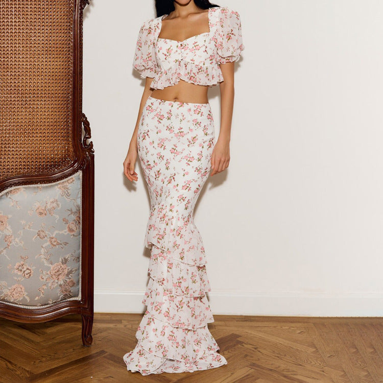 Square Neck Short-sleeved Crop Top And Bodycon Skirt Two-piece Set by Ricaloux