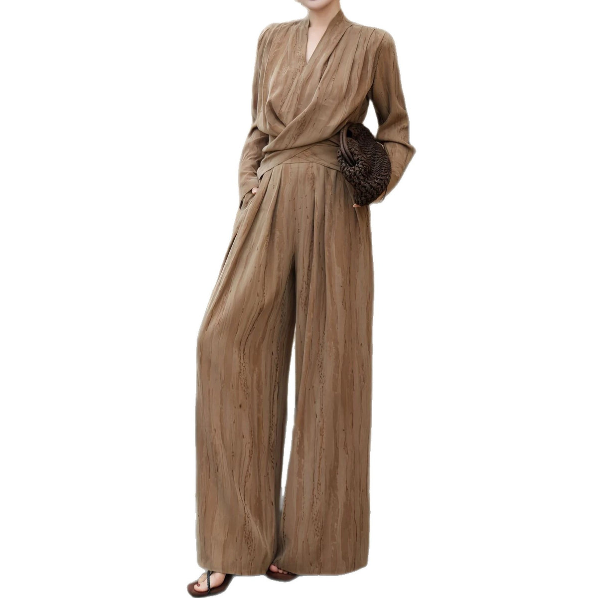 Womens Fashionable Slim-Fit V-Neck Top And Waist-Cinching Wide-Leg Pants Set – Premium 0 | RICALOUX