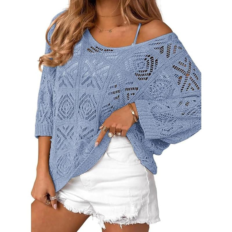 Crochet Hollowed-Out Three-Quarter-Sleeve Pullover Sweater – Premium 0 | RICALOUX