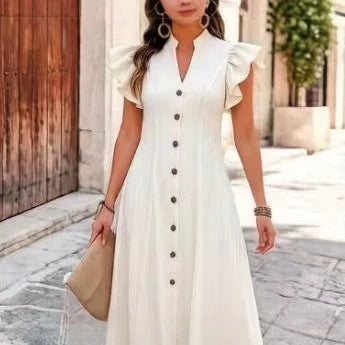 New French-style Fitted-waist Summer Dress With Puff Sleeves And A V-neck by Ricaloux