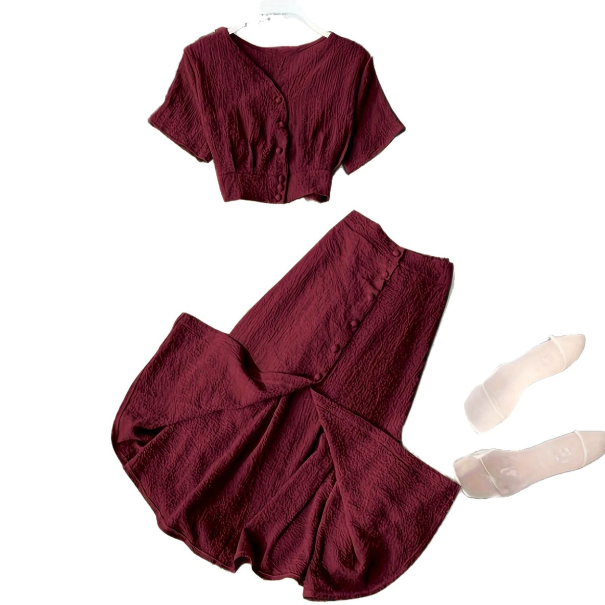 V-neck Single-breasted Short-sleeve Top And High-waisted Wide-leg Pants With Side Slits – Premium 0 | RICALOUX