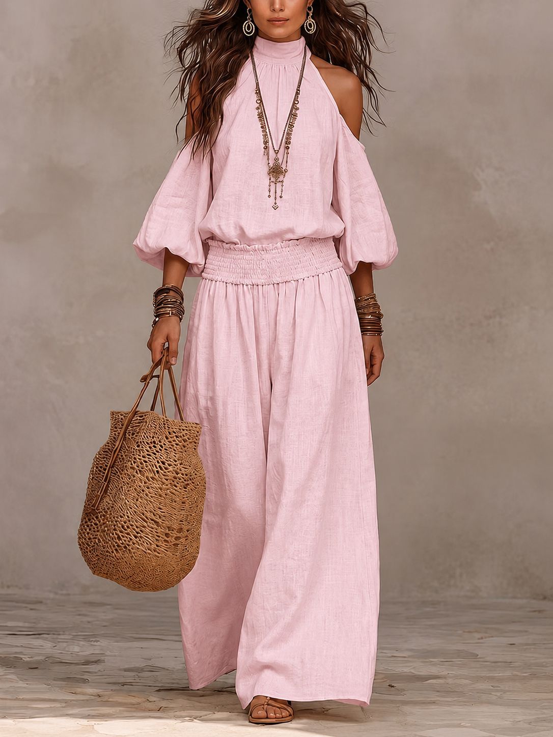 Womens Fashionable Casual Round-Neck Loose-Fit Long-Sleeve Hollow-Out Top And Pleated Pants Set – Premium 0 | RICALOUX
