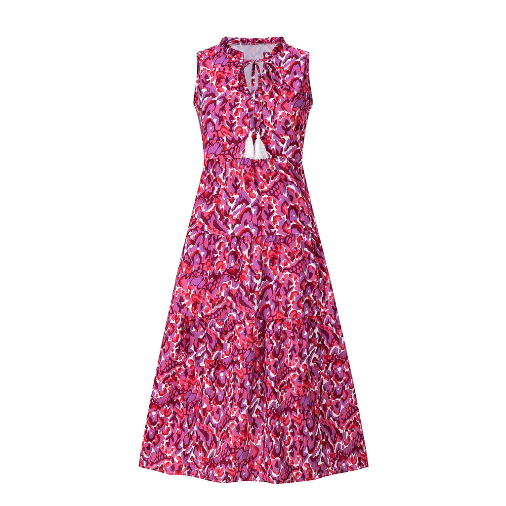 Sleeveless V-neck Tassel Abstract-print Dress by Ricaloux