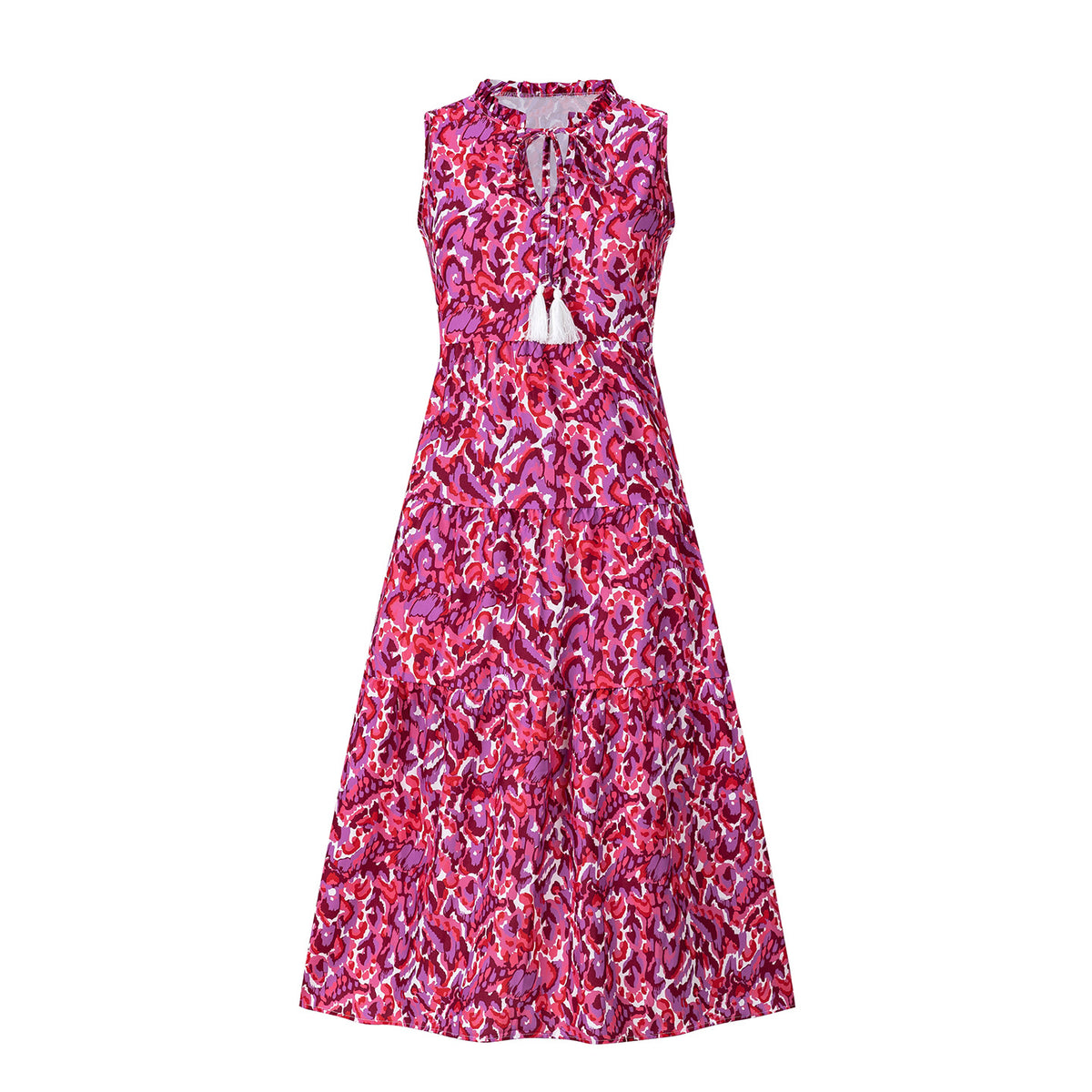 Sleeveless V-neck Tassel Abstract-print Dress by Ricaloux