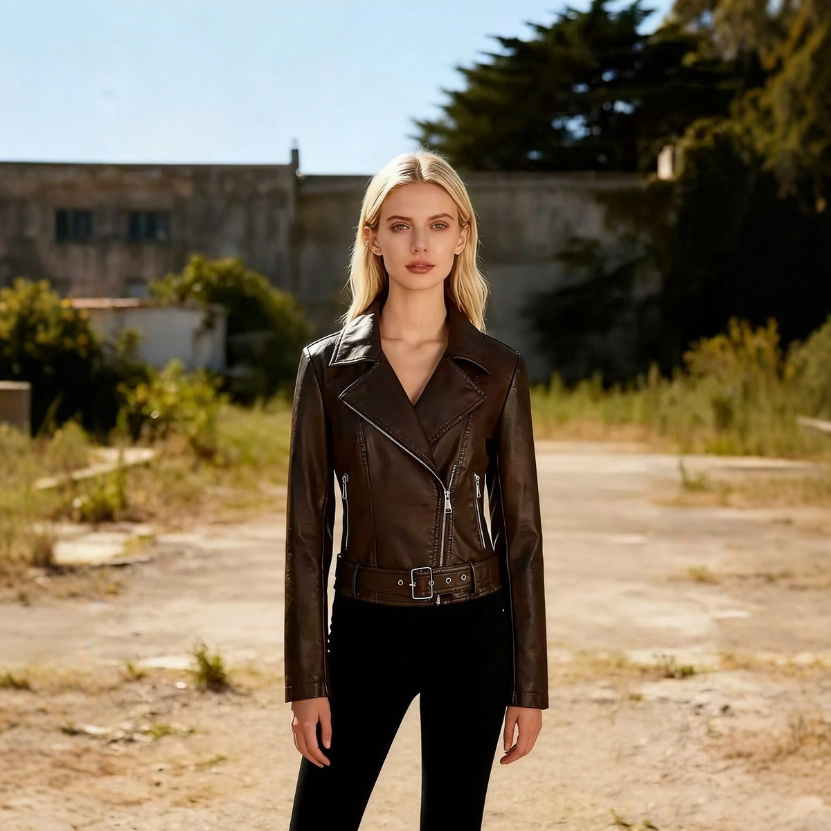 Womens Short Lapel-collar Leather Jacket In A Biker Style by Ricaloux