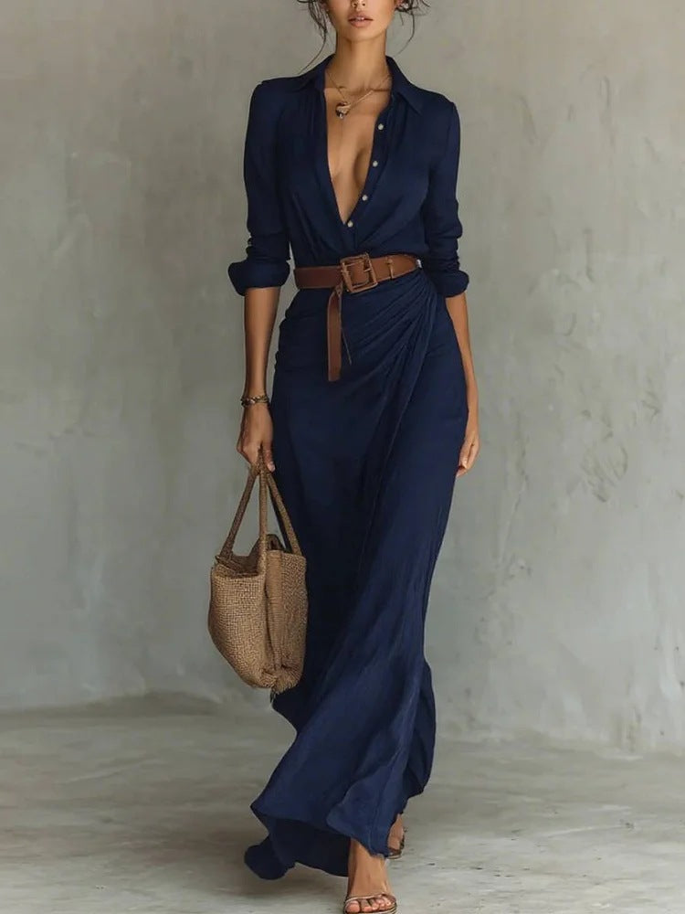 Elegant Shirt Maxi Dress With Belt - Turn Down Collar Long Sleeve Ruched Wrap Dress For Women by Ricaloux