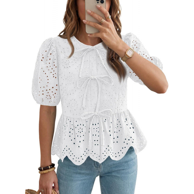 Ruffle-trimmed Puff-sleeved Top With A Tie Belt by Ricaloux
