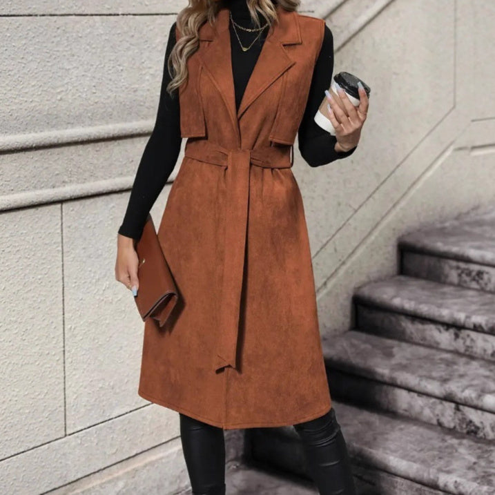 Electric Flip Collar Buckle Free Waist Belt Lace Up Long Vest by Ricaloux