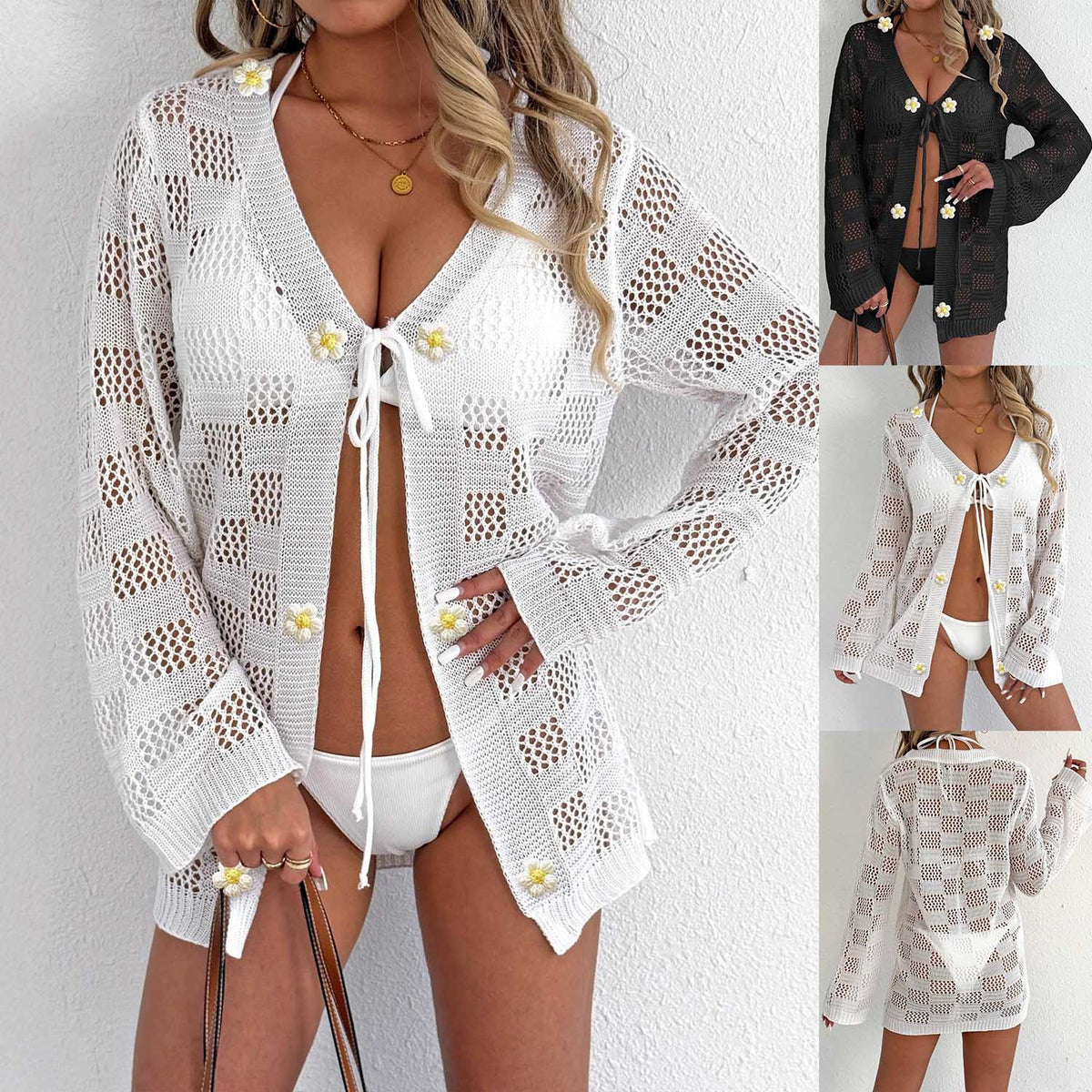 Women Hollow Woven Long Sleeve Tie Front Cardigan, European American Sun Protection Bikini Cover Up, Casual Beach Outerwear – Premium 4 | RICALOUX