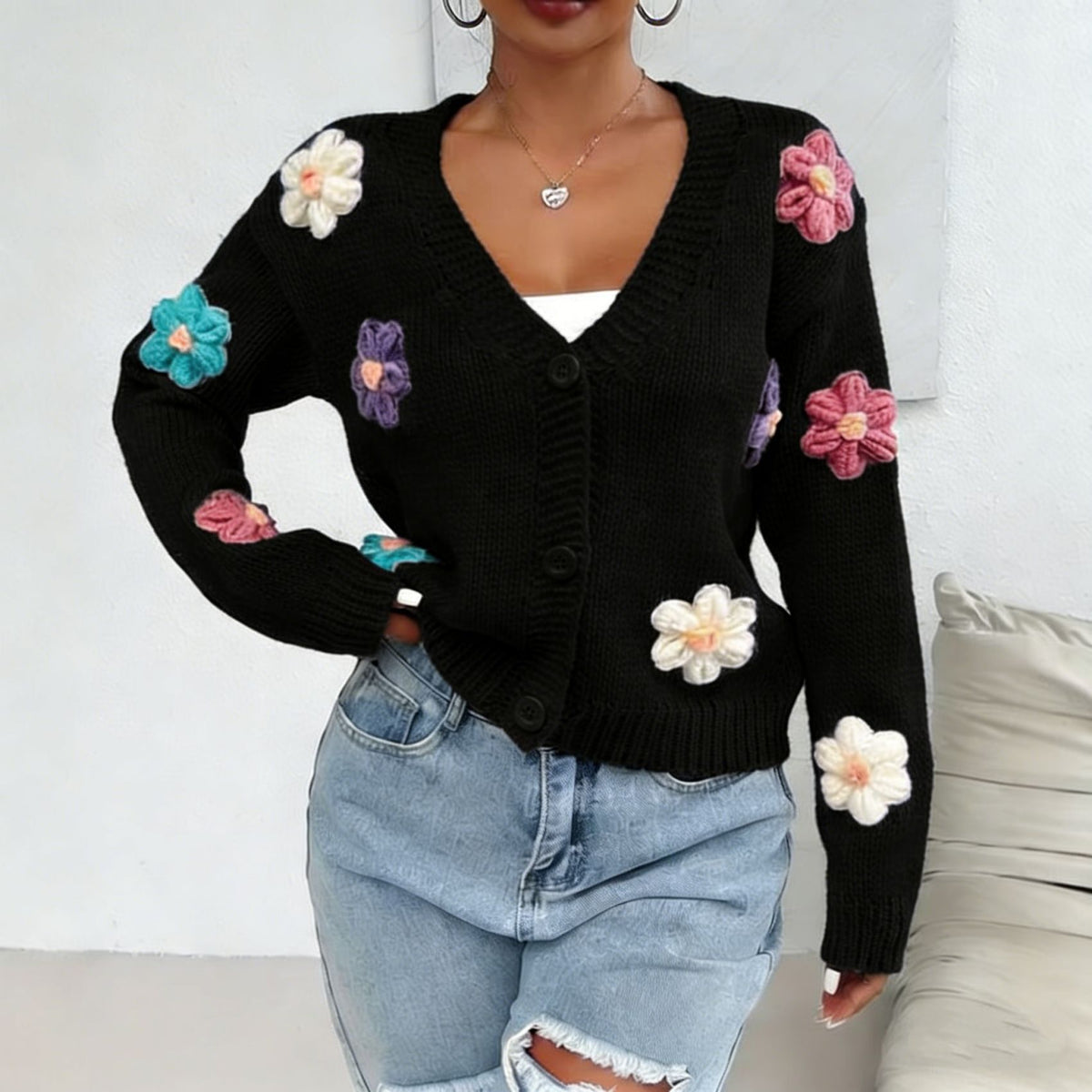 Womens Knitted Cardigan With Three-dimensional Floral Pattern And Hand-embroidered Flowers by Ricaloux