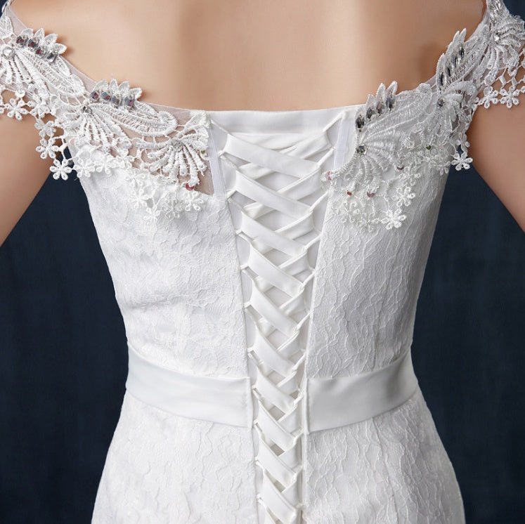 Fishtail wedding bride wedding dress one word shoulder slim slimming small trailing studio wedding dress - RICALOUX