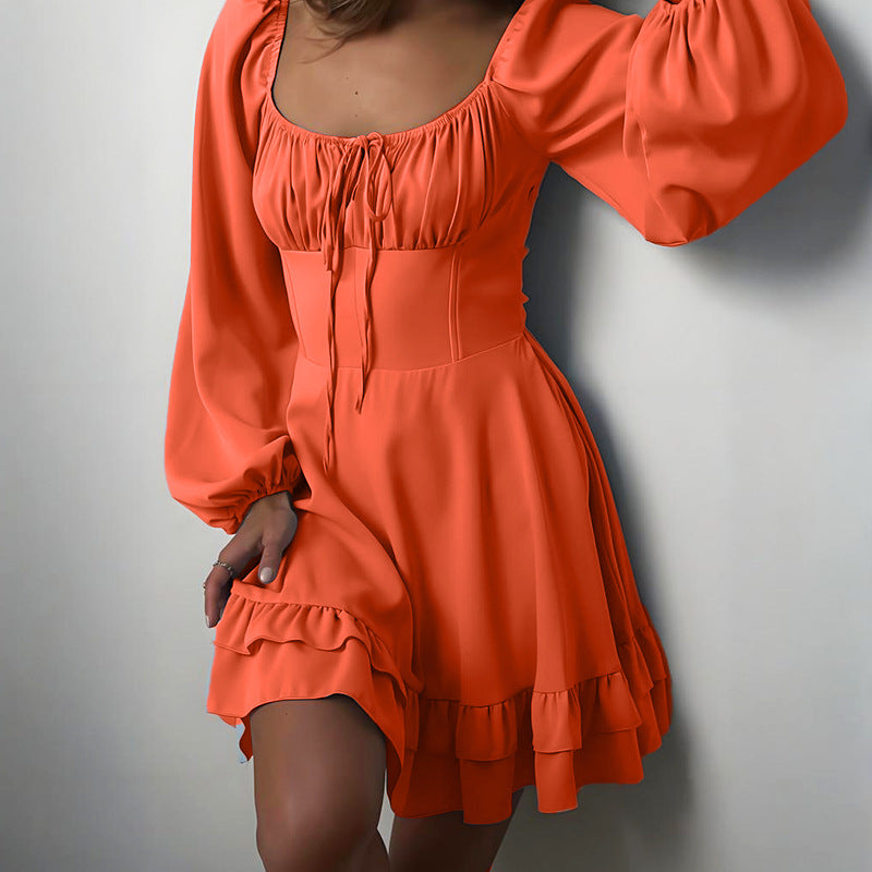 Womens Solid-color Square-neck Waist-cinching Dress by Ricaloux