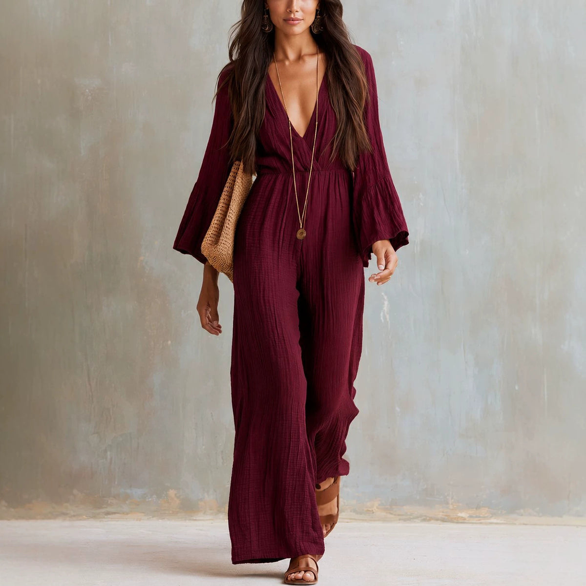 Womens Long-sleeve V-neck Bohemian-style Elastic-waist Jumpsuit by Ricaloux