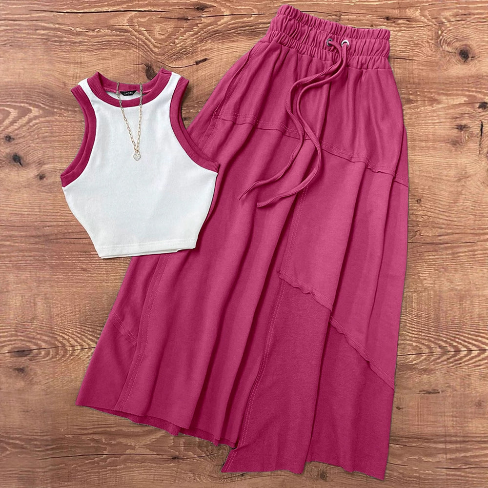 Western-style Color-Block Vest Top A-Line Skirt Two-Piece Set by Ricaloux