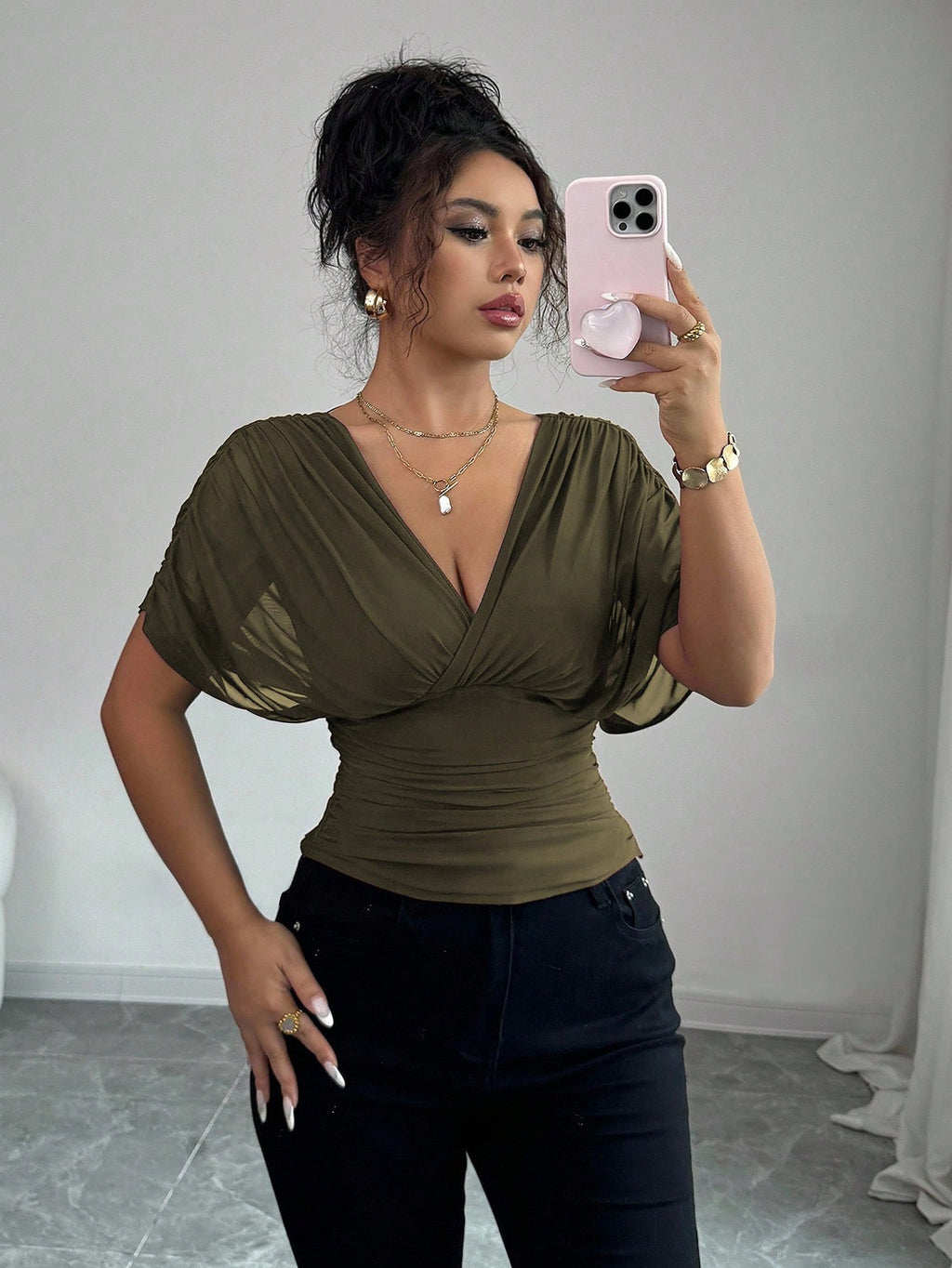 Deep V-neck Small Flying Sleeve Waist Ladies' Top by Ricaloux