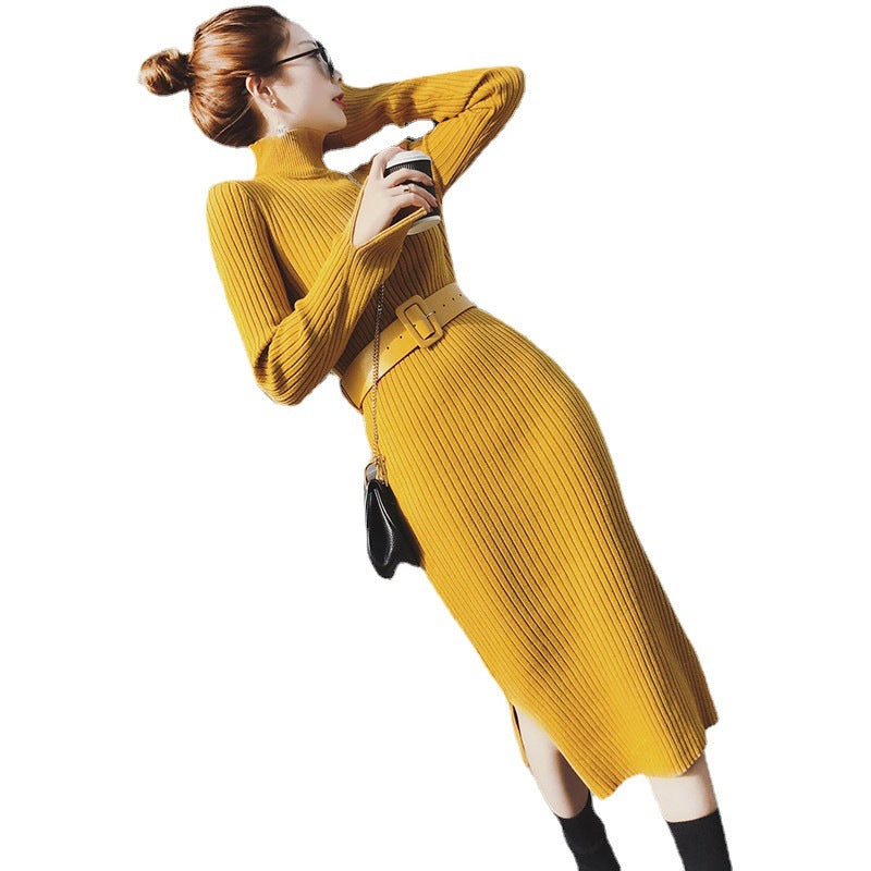 Turtleneck Knitted Split-front Dress by Ricaloux