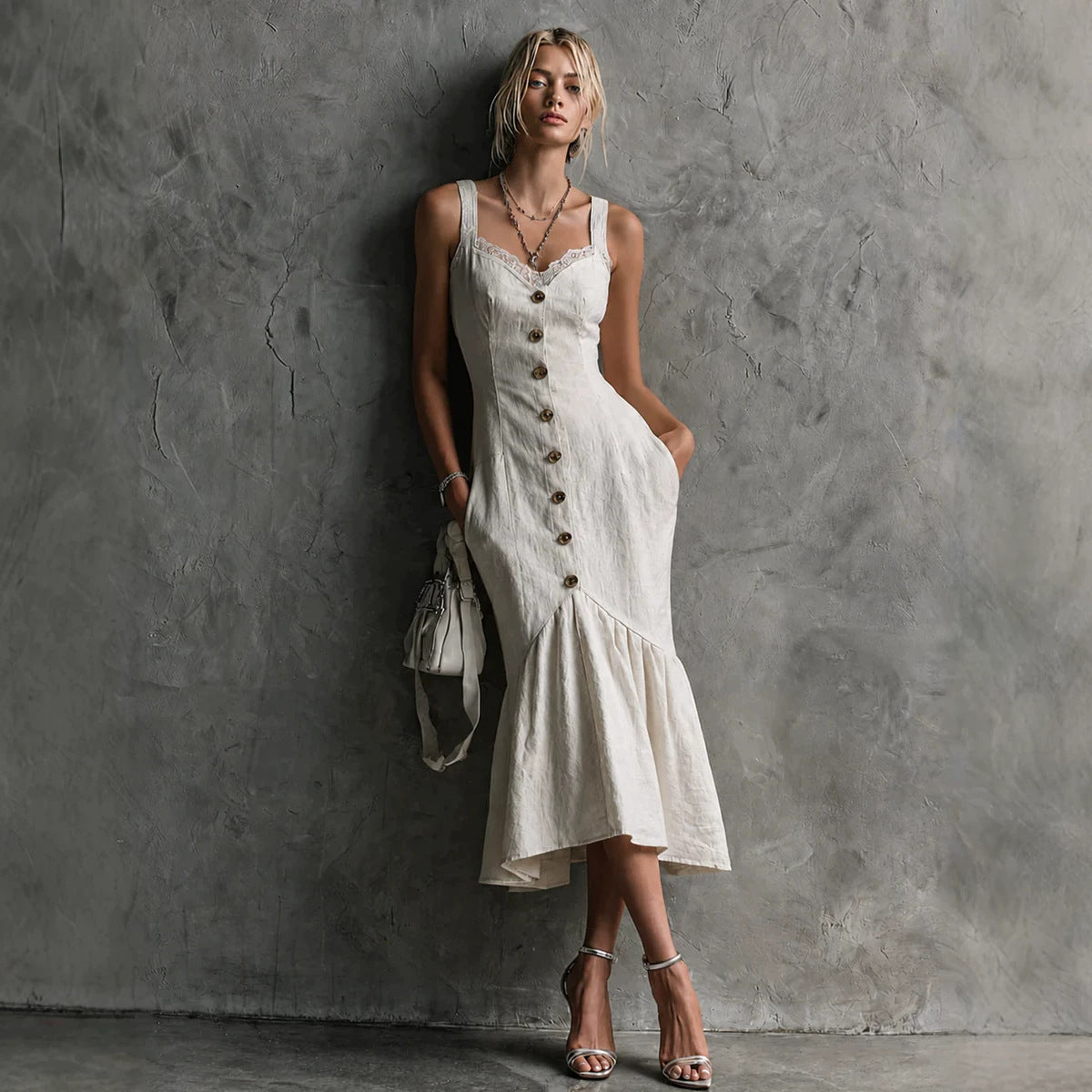 Womens Lace-Trimmed Buttoned Strap Fishtail Long Dress by Ricaloux