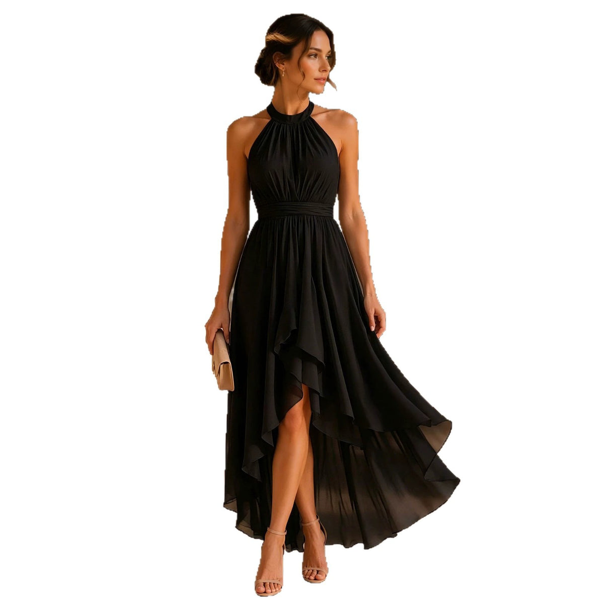 Irregular Sleeveless Chiffon Halter-Neck Evening Dress by Ricaloux