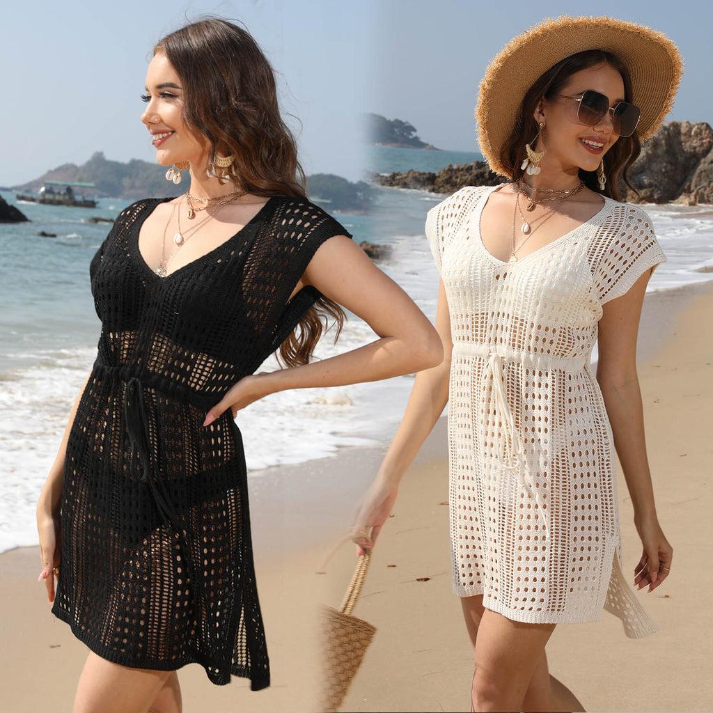 Women Hollow Out Knit Beach Cover Up Dress, Drawstring V Neck Sheer Mesh Mini Skirt, Solid Color Swimsuit Cover Ups For Summer Vacation – Premium 4 | RICALOUX