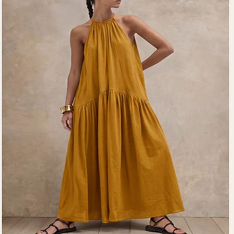 Halter-neck Sleeveless Cotton-linen Dress by Ricaloux