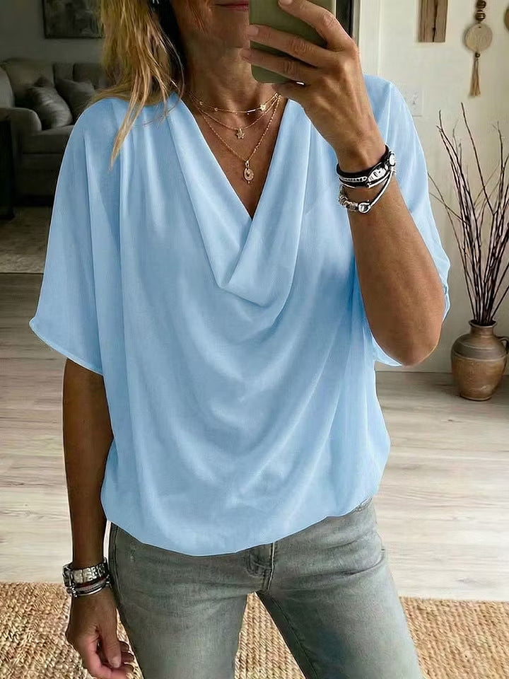 Womens Summer Loose-fit Batwing-sleeve Solid-color Draped Short-sleeve Elegant Top by Ricaloux
