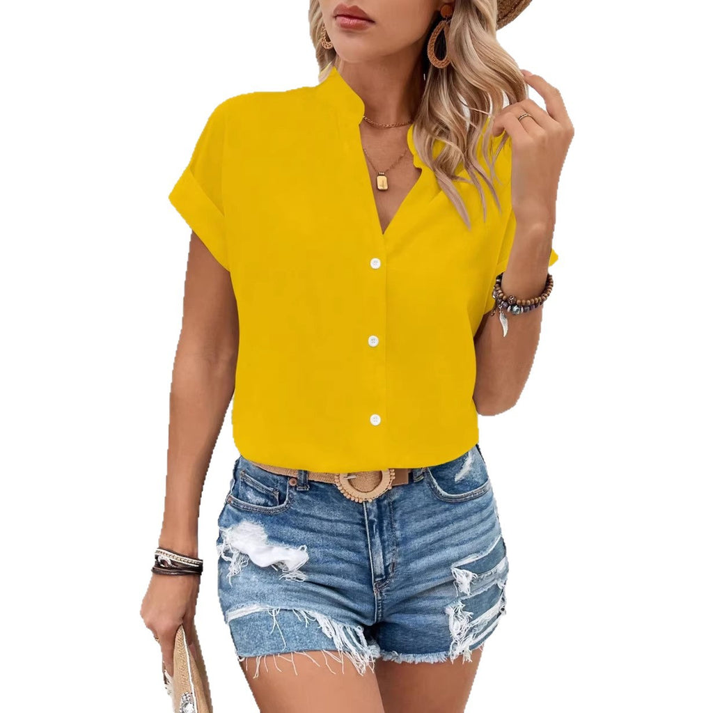 V-neck Fashionable Casual Womens Solid-color Batwing Short-sleeve Shirt by Ricaloux