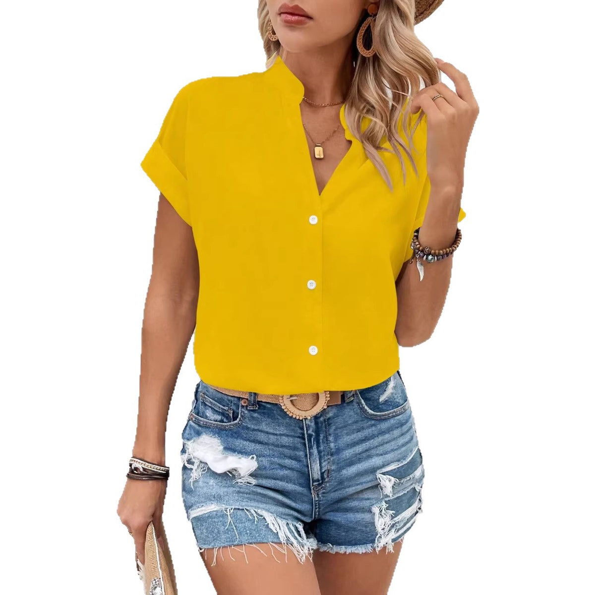 V-neck Fashionable Casual Womens Solid-color Batwing Short-sleeve Shirt by Ricaloux