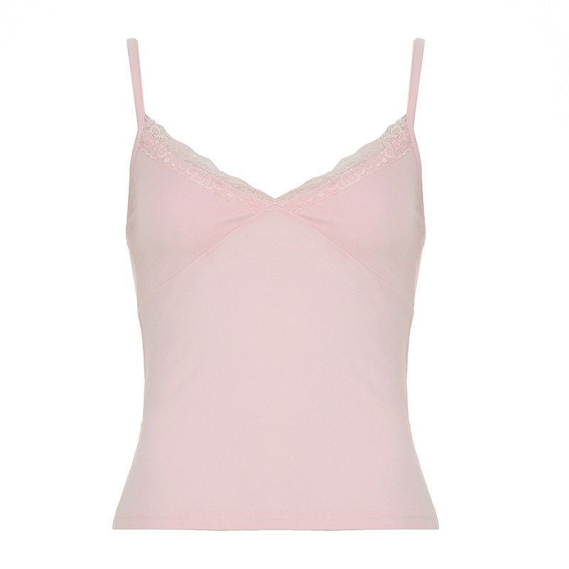 Simple Lace-trimmed V-neck Strap Solid-color Outerwear Short Top For Women by Ricaloux