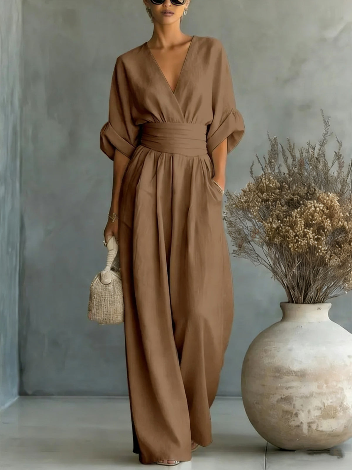 Summer Short-sleeved Jumpsuit Fashion Casual V-Neck Wide-Leg Pants Womens Clothing by Ricaloux